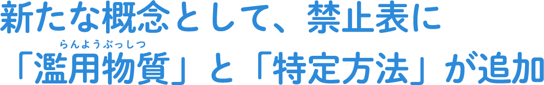 新たな概念として、禁止表に「濫用物質」と「特定方法」が追加