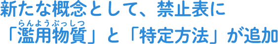 新たな概念として、禁止表に「濫用物質」と「特定方法」が追加