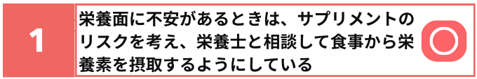 1番:栄養面に不安があるときは、サプリメントのリスクを考え、栄養士と相談して食事から栄養素を摂取するようにしている