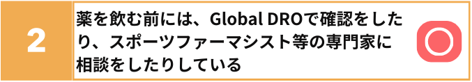 2番:薬を飲む前には、Global DROで確認をしたり、スポーツファーマシスト等の専門家に相談をしたりしている