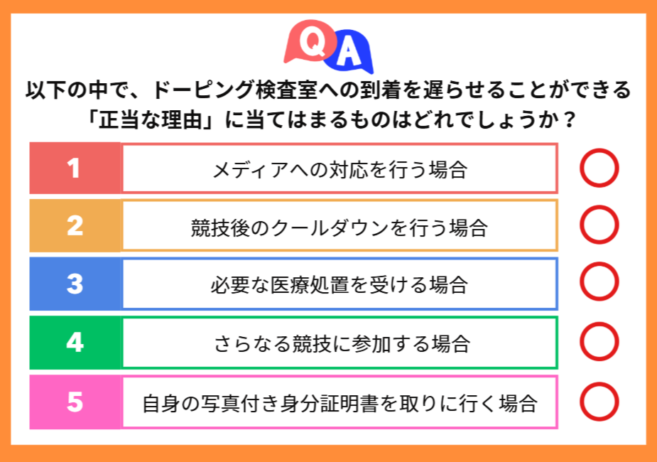 解答選択肢の図:以下の中で、ドーピング検査室への到着を遅らせることができる「正当な理由」に当てはまるものはどれでしょうか? 1:メディアへの対応を行う場合 2:競技後のクールダウンを行う場合 3:必要な医療処置を受ける場合 4:さらなる競技に参加する場合 5:自身の写真付き身分証明書を取りに行く場合